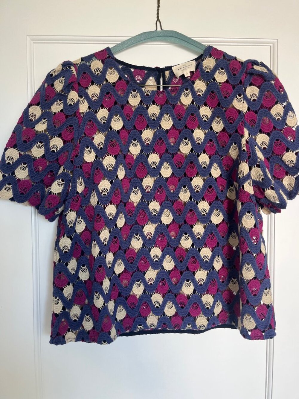 Sezane Multicolor Wave Lace Knit Top in Blue, Purple, Cream - Picture 5 of 6